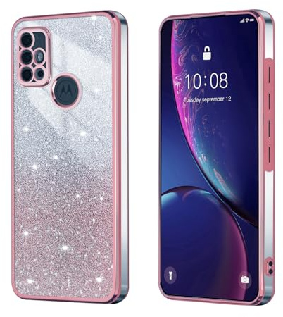 BEEJTUNY Handyhülle für Motorola Moto G30/G20/G10, Weiche und Schöne Hülle mit Glitzeraufkleber, Transparente Bumper Schutzhülle, Stilvolle Stoßfeste Hülle. Rosa