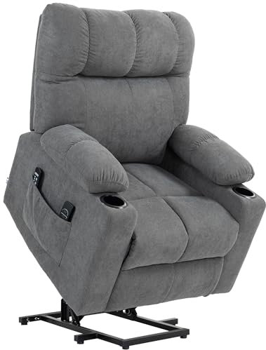 HOMCOM Fernsehsessel mit Aufstehhilfe Elektrisch Relaxsessel mit Liegefunktion, Wärmefunktion, Massagesessel mit Fernbedienung Becherhalter Seitentasche Fußteil Taschenfederkern Samtoptik Grau