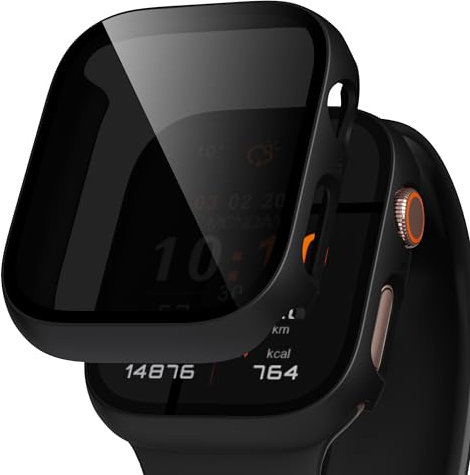 Hülle mit Glas Displayschutz Kompatibel mit Apple Watch Series 9/8/7 41mm Schutzhülle Anti Spy, Hard Rundum Schutzhülle HD Ultradünne PC Schutz Case für iWatch S9/S8/S7 41mm, 2-Stück, Schwarz
