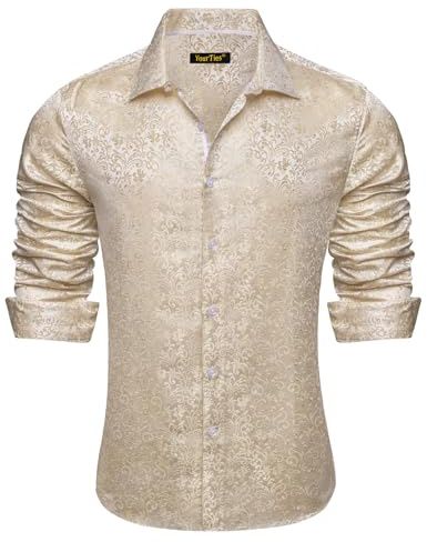 YourTies Mens Silk Paisley Dress Shirt Casual Button Down Shirt Long Sleeve Western Floral Shirts Wedding Party Holiday