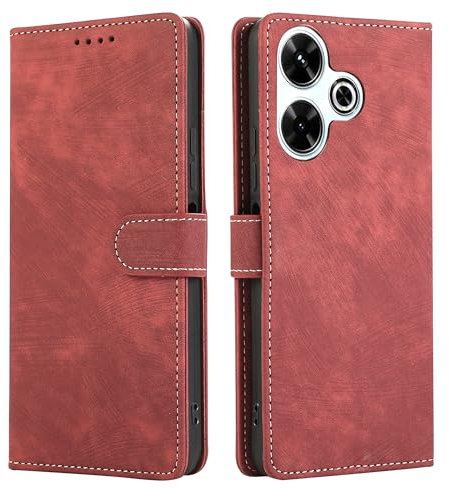 MIKULLE Funda para Xiaomi Redmi 13 4G (6.79),Magnético Carcasa de Tipo Libro Función de Soporte Plegable PU Cuero Tapa Movil Flip Wallet Case - Rojo