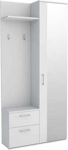 Garderobenschrank Flur 90 cm Breit Watford, Flurgarderoben Set mit Spiegel, Schuhschrank und Regalen, Vorzimmer Flur Möbel - Weiß