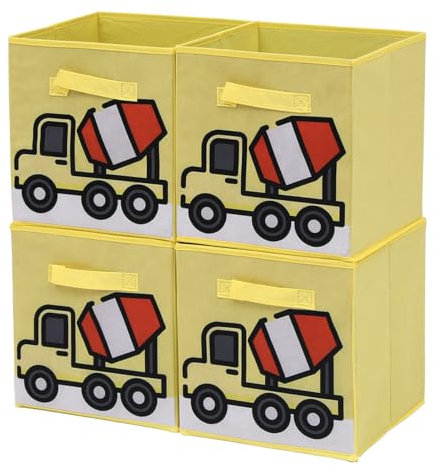 Homullel Kids Storage Boxes Set of 4, Children's Cube Organizer Bins with Cute Car Print, Foldable Toy Organizer Boxes, Fabric Toy Storage Cube for Nursery, Kid's Room, Bedroom, Playroom, Yellow