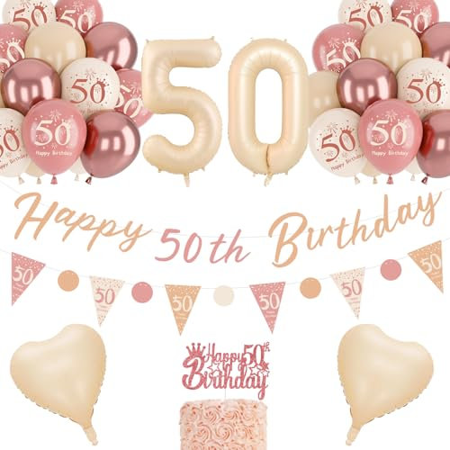 50th Birthday Decorations for Women, Retro Blush Pink Balloons, 50th Birthday Banner, Unique Triangle Flag Banner, 50th Birthday Balloons, Rose Gold White Sand Nude Balloon Set