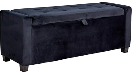Home Source Velvet Storage Ottoman, Lift Up Lid Chest Footstool Bench, Bedding Blanket Toy Box, Deep Button Detail, 110cm, Black