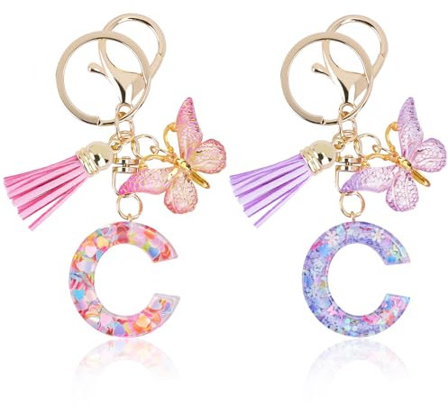 Mulaibdin 2 Pièces Porte Clef Personnalisable, Porte Clef Femme Original Chic, Porte Clef Lettre Simple, Idee Cadeau pour Femme Maman, Papillon Porte Clés Initial pour Voiture,Moto,Sac (C)