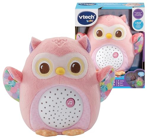 VTech - Projecteur Peluche Hibou étoilées Rose, lumière Nocturne, Musique et Sons apaisants pour apaiser Votre bébé, Aide au Sommeil, Jouet Nouveau-né, Version espagnole