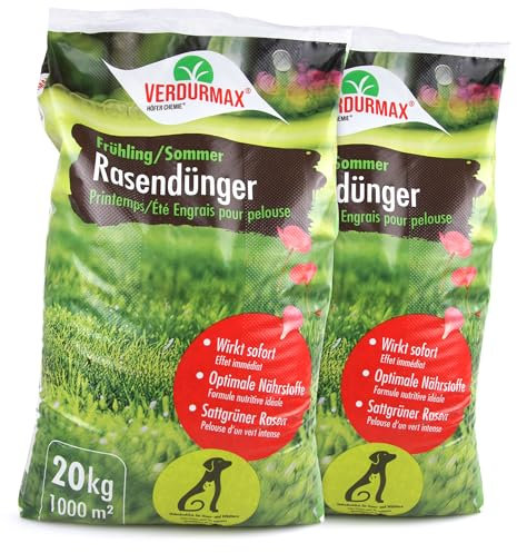Verdurmax 2 x 20 kg d'engrais pour gazon Printemps & Été – Engrais à libération prolongée avec azote pour 2000 m² de gazon vert luxuriant – Sans danger pour les chiens – Compatible avec épandeur