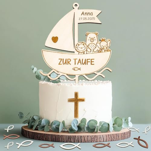 Cake Topper Taufe, Holz Tortendeko mit 36 Pcs Holz Fische Streudeko, Taufe Deko für Jungen Mädchen