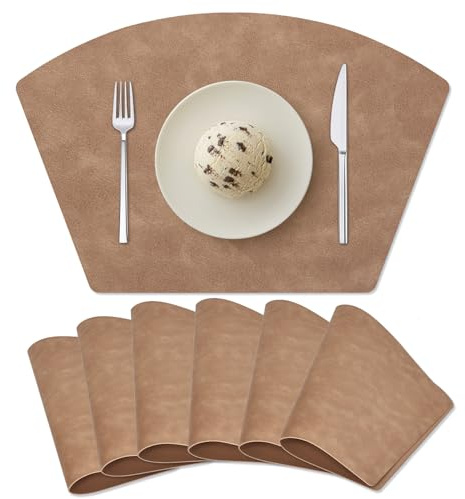 Platzsets für runden Tisch 6er Set, Kunstleder Keilförmige Platzsets für Esstisch, Hitzebeständig Abwaschbar Abwischbar Tischmatten Wendbar, Kamel