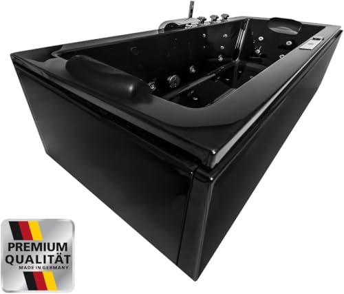 Whirlpool Badewanne Relax Profi – Schwarz – Made in Germany – (180x80 cm) Eckmontage Links oder Rechts – mit 22/24 Massagedüsen, Mit Armaturen, Ozon Desinfektion, Heizung, LED, Bluetooth-Radio