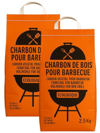 Charbon de Bois Écologique 2,5, 5 ou 10 kg – 100% Naturel, Allumage Rapide, Faible Taux de Fumée – Idéal Barbecue, Grill, Plancha – Fabriqué en Europe – Sac Kraft avec Poignée (5 kg)