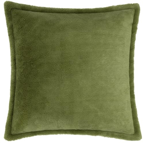 furn. Kallu Faux Fur Feather Filled Cushion – Soft Fluffy Decorative Cushion with Oxford Edge (Olive - 55x55cm)