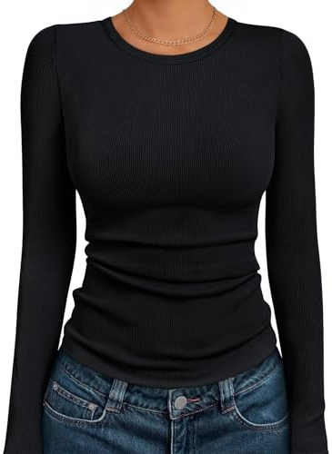 Suncife Women Long Sleeve Casual Ribbed T-Shirts Crewneck Slim Fit Tops | Breathable and Soft Ribbed Fabric, Comfy to Your Skin, Dressy Plain Design