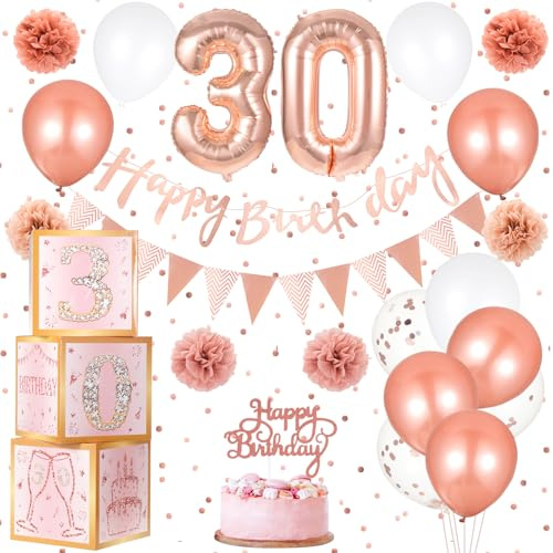 Wensdr 30th Birthday Decorations Rose Gold 30 Year Old Happy Birth Party Supplies Set with Banner Pennant Flags Cake Topper Paper Pom Poms and Balloon (30th Pink Birthday)