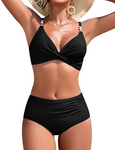 Nadeer Traje de Baño para Mujer Top Cruzado Cuello en V Dos Piezas con Perlas Sexy Elegante Conjuntos de Bikini Control de Vientre de Cintura Alta Bañador de Playa