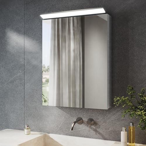 SONNI LED Spiegelschrank Bad 52x65 cm 2-Türig 201 Edelstahl mit Beleuchtung | Viel Stauraum, Wandschalter, austauschbare LED. IP44, feuchtigkeitsbeständig & pflegeleicht. Ideal für Badrenovierung