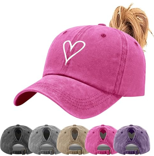 Tiakay Pferdeschwanz Baseball Cap mit Herzförmiges Stickmuster Damen Verstellbare Baseballkappe Vintage Mützen Sonnenschutz Basecap Mit Zopf Loch Verstellbarer Sonnenhut Camping-Wanderhut
