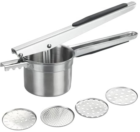 Multi-Presse XL aus Edelstahl, große Kartoffelpresse und Küchenpresse mit 4 Einsätzen, 330 ml Volumen, rutschfeste Silikon-Griffe, spülmaschinengeeignet