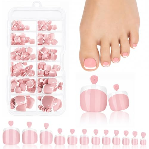 120 PCS French Fake Toe Nail, Short Square Nude Pink Fake Nails，12 Sizes Fake Toenails,Glossy Full Cover Acrylic False Toe Nails,For Women Girls Nail Art DIY Gift