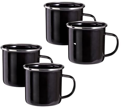4er Set Emaille Becher 350 ml Schwarz mit Griff Tasse Camping Kaffee Tee Kaffeebecher Kaffeetasse