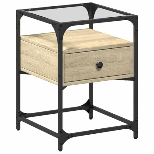 Qifoedo Nightstand Modern Bedside Table with Glass Top 40x40x55 cm Sonoma Oak Wood and Steel Frame Easy-Assemble Night Stand for Bedroom Living Room Corridor