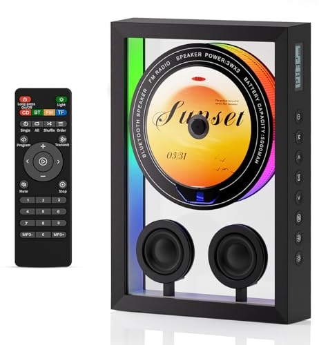 Lettore CD verticale con Bluetooth 5.3, altoparlanti HiFi Lettore CD per parete casa con FM Redio/Telecomando/RGB Light/TF Card/AUX Supportato, Batteria 5000mAH ricaricabile Lettore musicale