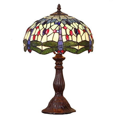 Bieye L31402 Dragonfly Tiffany Style Stained Glass Table Lamp Night Light with 12-inches Wide Handmade Lamp Shade Metal Base for Bedside Bedroom Living Room Coffee Table, 18-inches Tall, Blue…