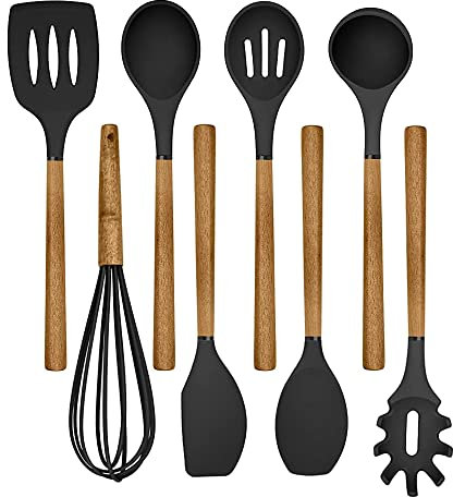 Country Kitchen Juego de 8 utensilios de cocina de silicona y madera, fáciles de limpiar, para utensilios antiadherentes y antirayones, perfecto para regalos