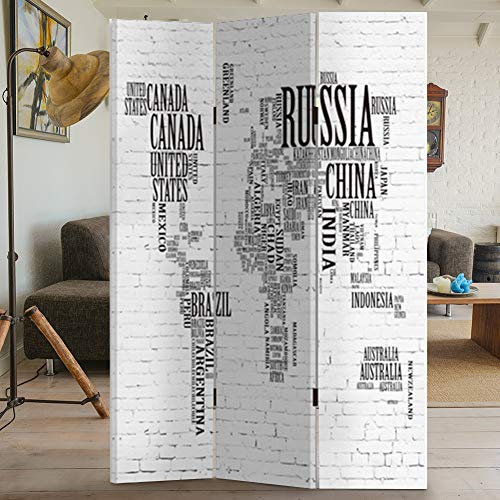 Bakaji Paravento Separè Struttura in Legno Rivestimento in Tela Con Stampa Fronte Retro Mappamondo con Scritte Divisorio Richiudibile Pieghevole (180 x 120 cm 3 Pannelli)