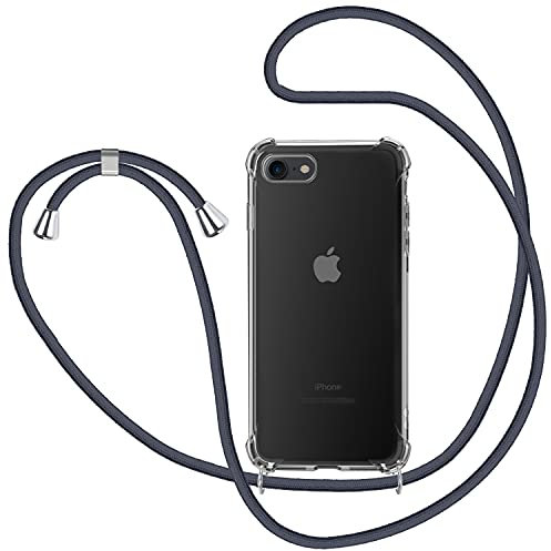 Funda con Cuerda para Apple iPhone 7/ iPhone 8/ iPhone SE 2020, Carcasa Transparente TPU Suave Silicona Case con Correa Colgante Ajustable Collar Correa de Cuello Cadena Cordón - Gris