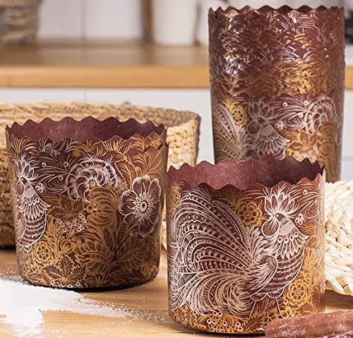 Molde de papel para pan de Pascua de 8 onzas, 25 piezas, molde Kulich para pan de Pascua, molde de papel Panettone, diseño marrón pájaro dorado, 3.55 pulgadas de anchox3.35 pulgadas de alto