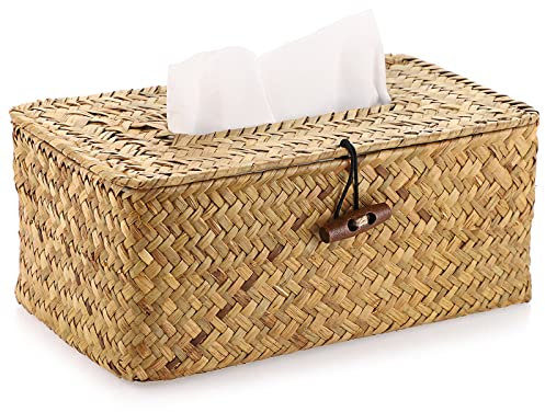BSTKEY Rechteckige Taschentuchbox aus Seegras für den Haushalt, dekorativer gewebter Papierhalter, Originalfarbe, Gelb, 68 x 30 x 22 cm