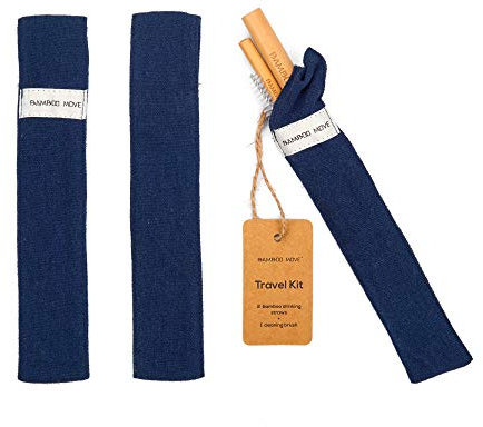 Bamboo Step - “Travel Kit Pailles en Bambou - gamme Bamboo MOVE - 2 pailles en bambou (20cm) de qualité supérieure et 1 goupillon dans un pochon minimaliste en tissu (Couleur : Bleu Marine)
