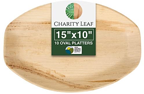 Charity Leaf - Bandeja desechable de hoja de palma como bandeja y plato de bambú para servir | bodas, tablas de embutidos, barbacoas y fiestas | Oval (10 bandejas) (15 x 10)