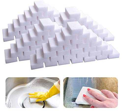 100Pack Magic Sponge Eraser, Melamine Foam Bulk Sponge Sheets, Bathroom Oven Shower Glass Dishes Stove Top Kitchen Sink Bathtub Wall Tile Baseboard White Sneakers Shoe Cleaner, Not Easily Rip