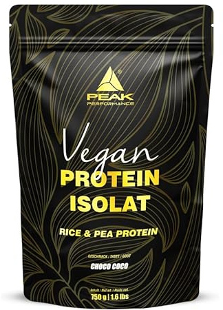 PEAK Vegan Protein Isolat - 750g Geschmack Choco Coco I 25 Portionen I Pulver I pflanzliche Proteinquellen: Erbse - & Reisprotein I für Muskelaufbau I Süße aus Stevia I GMO-free