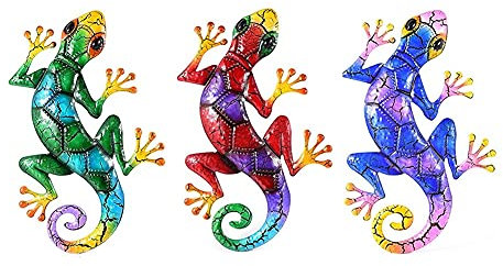 LuukUP 3 Stück Metall Gecko Wand Kunst-Outdoor Wanddeko Eidechse Skulptur Kunst Hängen Ornament-Rostfrei Wand Skulpturen für hinterhof Veranda Terrasse Rasen Zaun Dekorationen