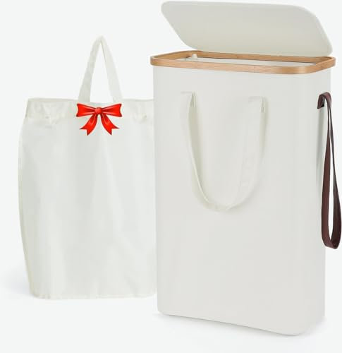 Yamagahome 52L Schmaler Wäschekorb mit Deckel, Slim Wäschesammler mit Wäschesack und 5 Gummifüße, Faltbarer Wäschetruhe aus Bambus und Wasserdichter Stoff für Apartment, Wohnheim und Wohnwagen