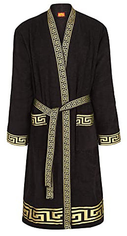 Belle Arti Bademantel aus Frottee 100% Baumwolle mit 2 großen Vordertaschen im exklusivem Mäander Medusa Design für Damen und Herren Schwarz Weiss Gold (as3, alpha, m, regular, regular, schwarz)