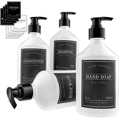 MONOKO 4er Set Kunststoff Seifenspender Weiss 500ml Pumpflasche | Spülmittelspender Küche | Shampoo Flaschen zum Befüllen | Pumpspender + Etiketten