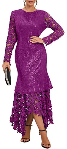 IWFEV Robe longue asymétrique à paillettes pour femme - Robe longue en dentelle - Robe de soirée, violet, XX-Large