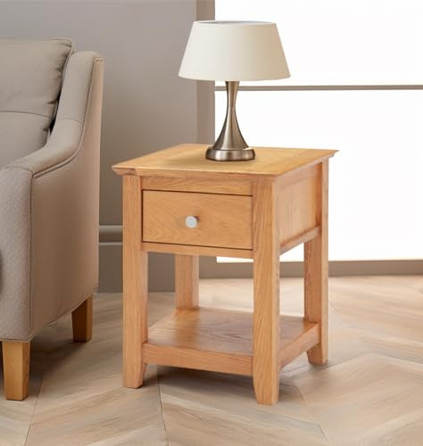 Hallowood Furniture Hereford Oak Small Lamp Table with Drawer and Shelf | Wooden Narrow Side Table, Nightstand, Light Oak Plant Stand, Fully Assembled Bedside, Hallway and Living Room Furniture