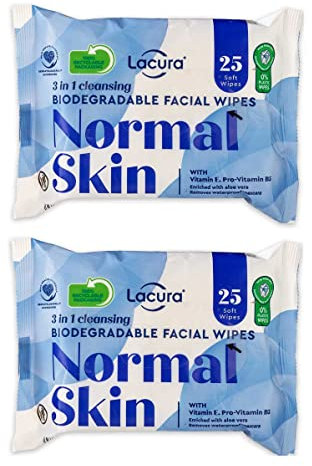 Lacura 3 In 1 Biodegradable Cleansing Facial Wipes For Normal Skin, Makeup Removal Wipes with Vitamin E, Pro-Vitamin B5, Aloe Vera, 2 Packs (50 wipes in total)