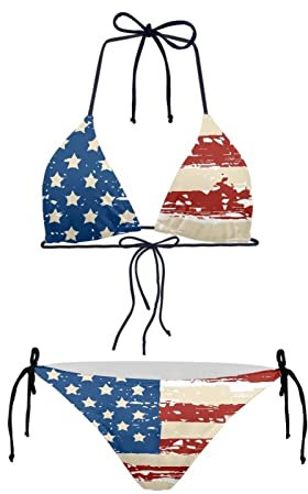 Biyejit Maillot de bain 2 pièces pour femme - Sexy - Triangle - Dos nu, Drapeau américain vintage, XL