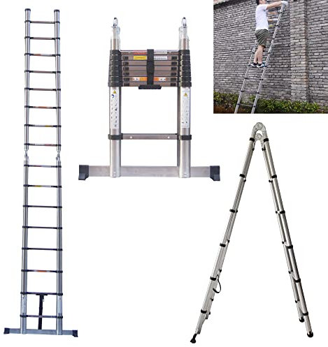 5M / 2.5M+ 2.5M Foldable Ladders A Frame Telescopic Stainless steel Extendable Extension 16 Steps150kg Max. Capacity Multipurpose Climb Ladder Portable Loft Attic for Business Home Work DIY Builder