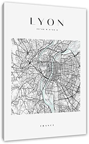 Pixxprint Stadtkarte Eckig - Lyon als, Größe: 120x80cm, Leinwandbild, fertig gespannt, Wandbild, Dekoration, Kunstdruck, kein Poster