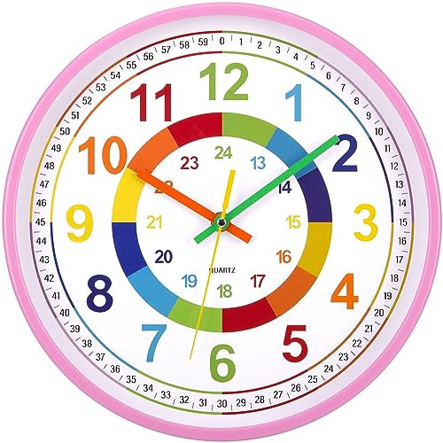 VINILITE Wanduhr Kinder lautlos 30 cm Ablesen Farbenfrohe Kinderwanduhr Lernen Wohn- /Schlaf/Kinderzimmer großes Ziffernblatt Büro