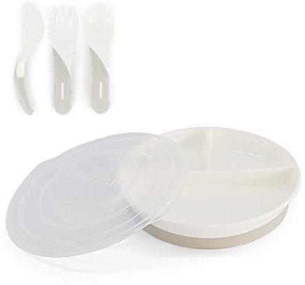 Twistshake Set De Vaisselle Bébé | Assiette Divisée + Couverts 6m+ | Sans BPA | Kit De Formation Alimentaire Pour Enfants | Blanc