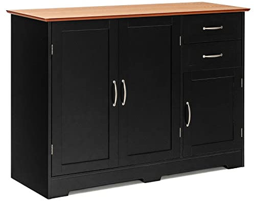 COSTWAY Sideboard Storage Cabinet, Morden Kitchen Cupboard with Adjustable Shelf, Drawers and Doors, Large Buffet Cabinet Unit for Dining Living Room Hallway (Black+Vermilion, 100x40x78cm)